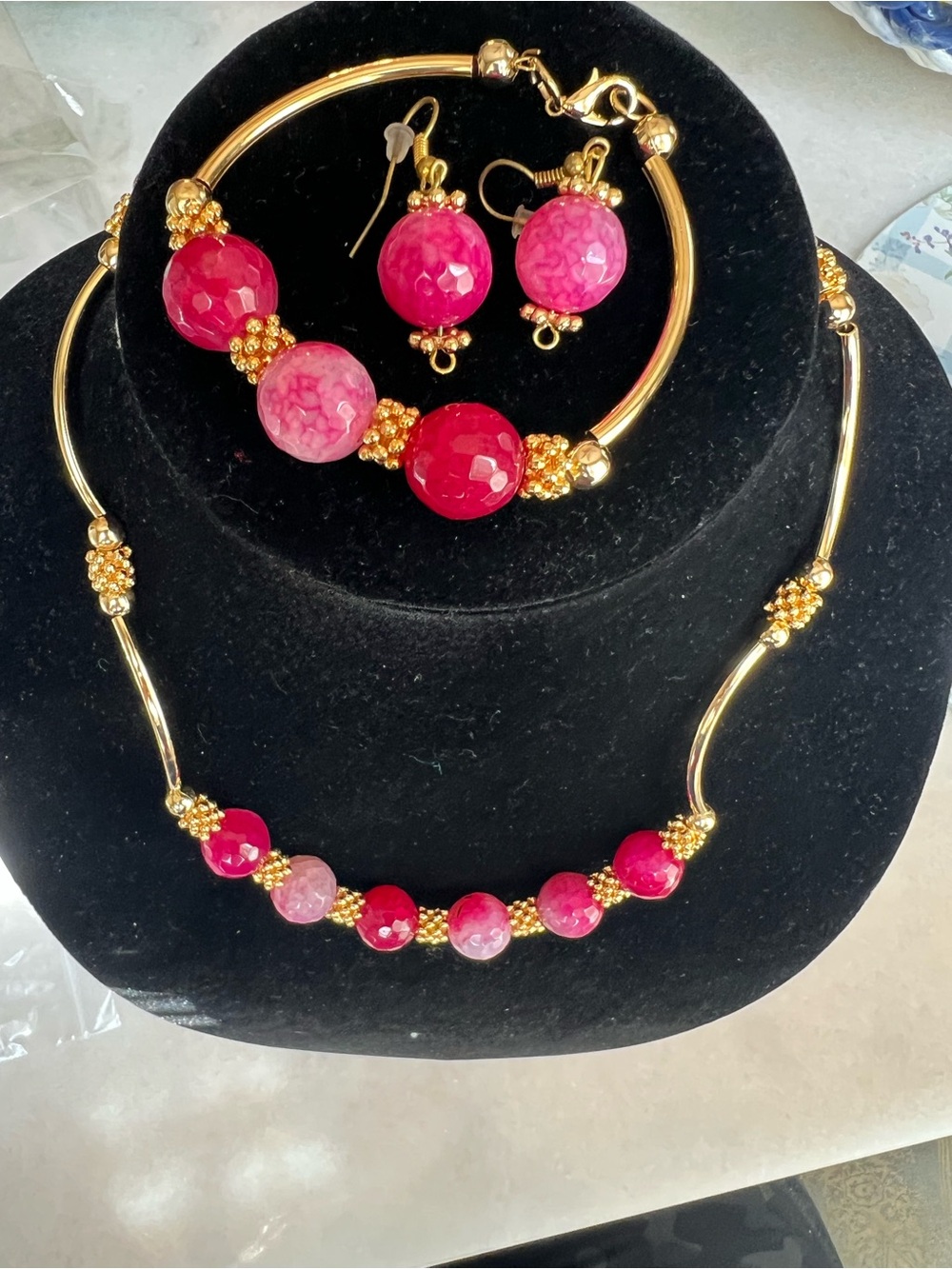 Gold-Tone Necklace, Bracelet & Earrings Set with Pink Gemstone Beads